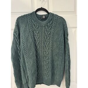 Vintage Mountain Express Men's Green Heavy Cable Knit Sweater Sz M Distressed